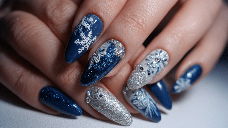 Blue winter nails with snowflake designs and shimmering icy details.