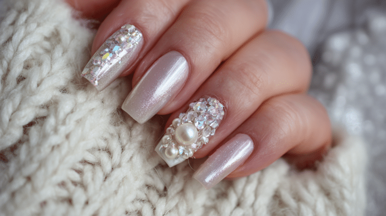 Winter Glass Nails with pearl shimmer and sparkly