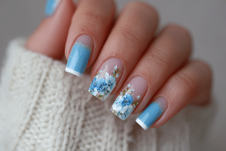 Blue Summer Beach Nails 💙 Square French Tip & Floral Nail Inspo