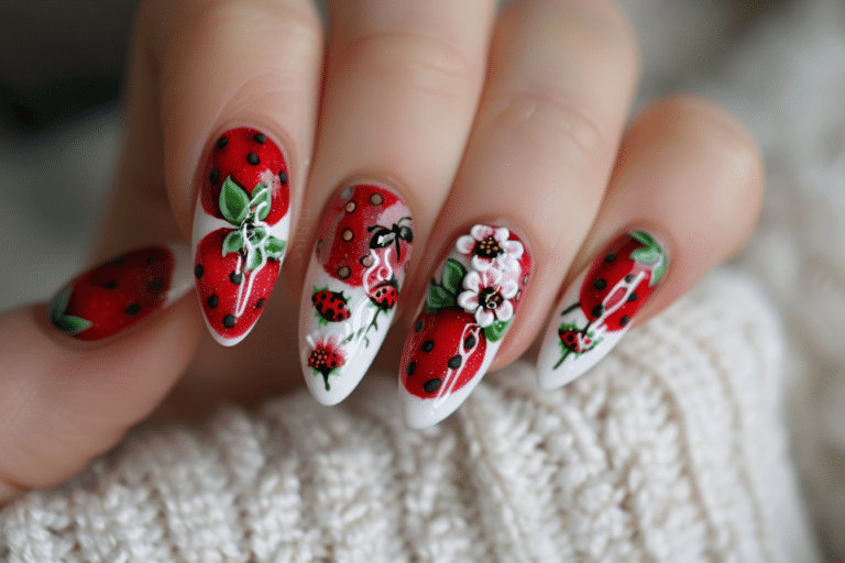 Strawberry Garden Nail Art: Almond-Shaped Nails with 3D Strawberry and Ladybug Accents