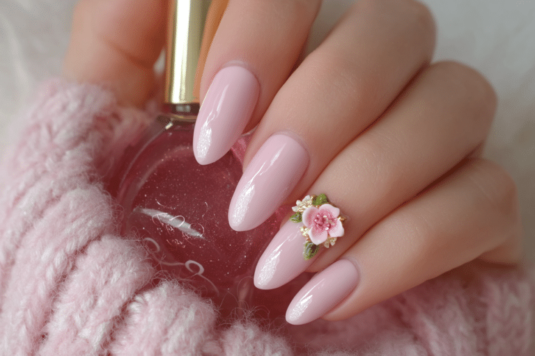 Cozy Birthday Gift Nails – Light Pink Simple Nails with 3D Floral Charm