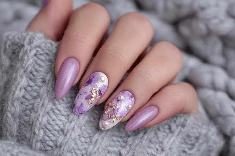 Almond Press On Nails Medium Fake Nails With Pearl Butterfly Flower Designs