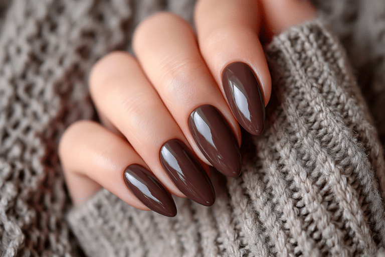 Chocolate Brown Almond Nails with Nude Swirl Accent