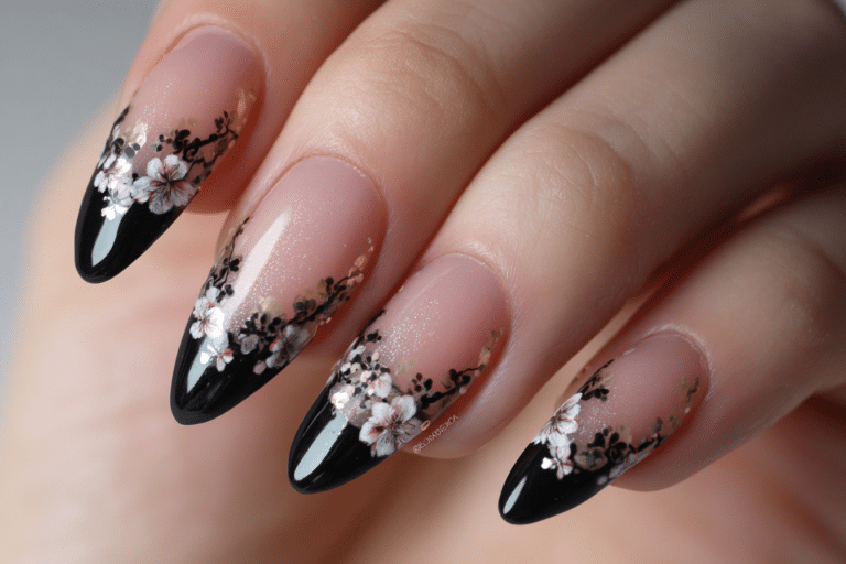 French Almond with Black Tips and Floral Details
