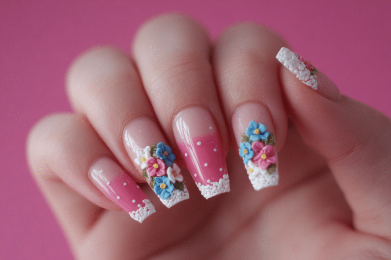 Polka Dot French 3D Flower Press On Nails Handmade Custom Nails