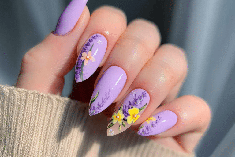 Lavender and Lemon Floral Almond Nails