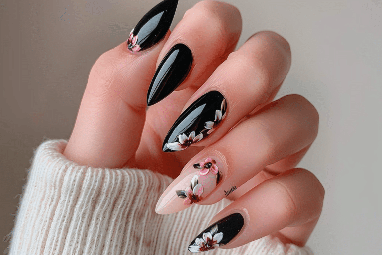 French Almond with Black Tips and Floral Details