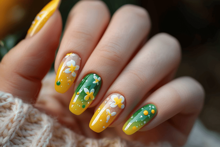 Minimal Green and Yellow Art in Elegant Spring Floral Nails 2026