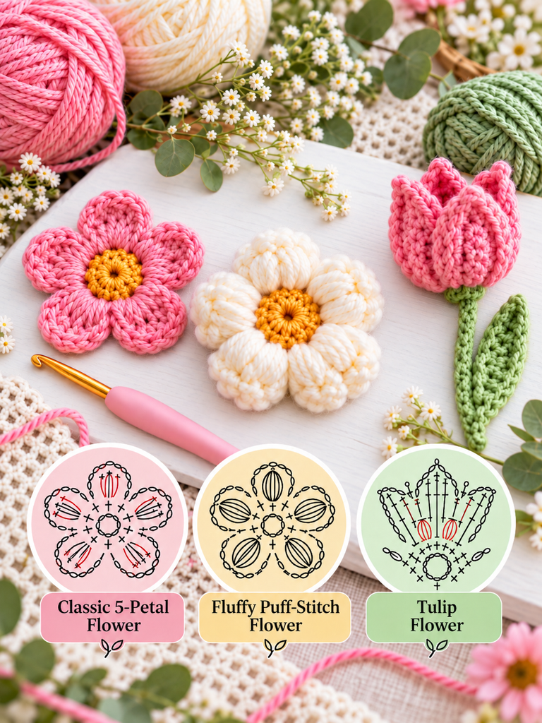 Crochet Flower Patterns 3 Easy Flowers with Step-by-Step Stitch Charts
