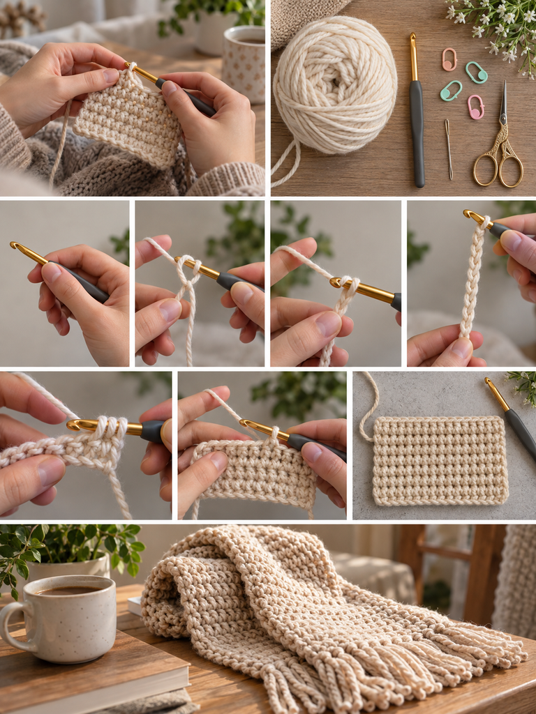 Beginner learning how to crochet with a hook and cream yarn