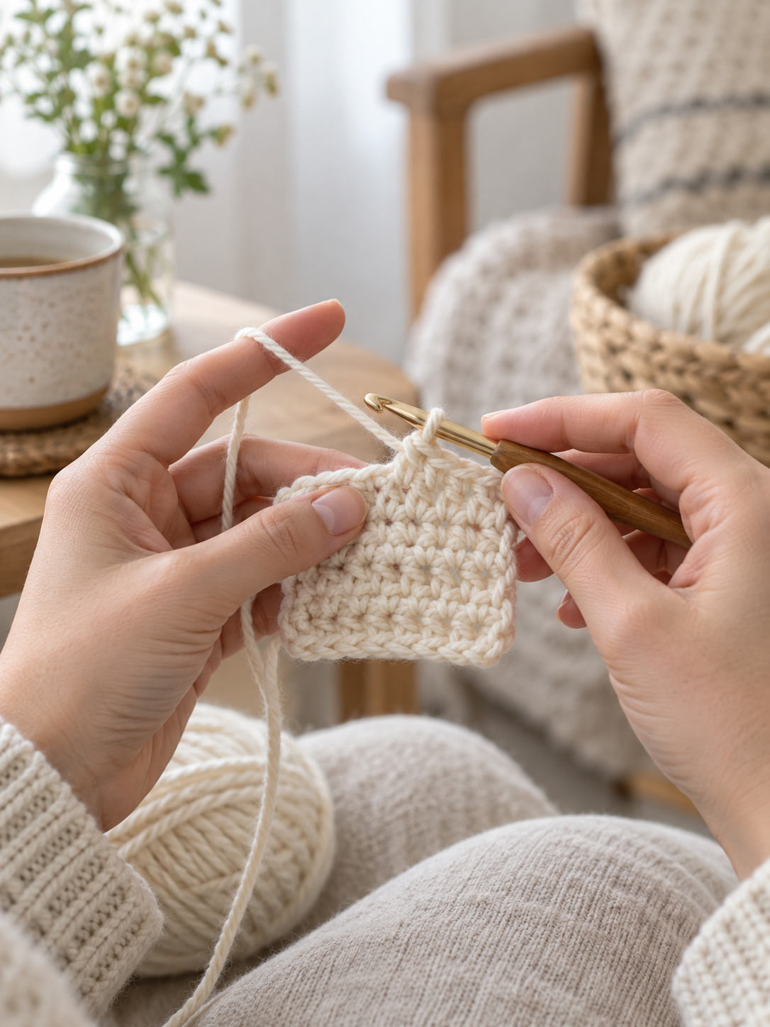 Beginner learning how to crochet with a hook and cream yarn