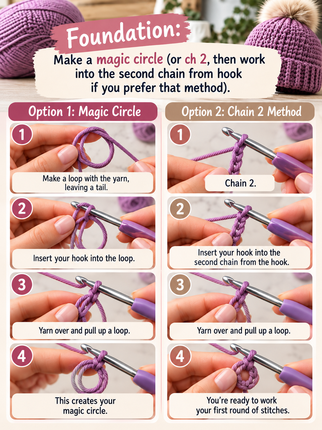 Make a magic circle (or ch 2, then work into the second chain from hook if you prefer that method).