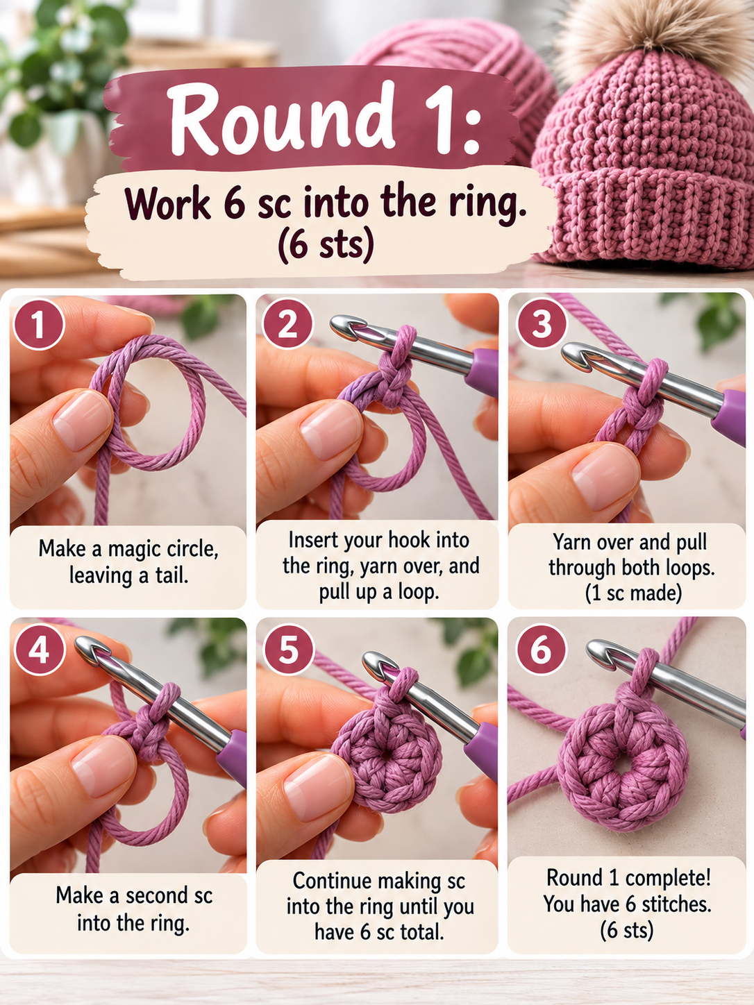 Work 6 sc into the ring. (6 sts)