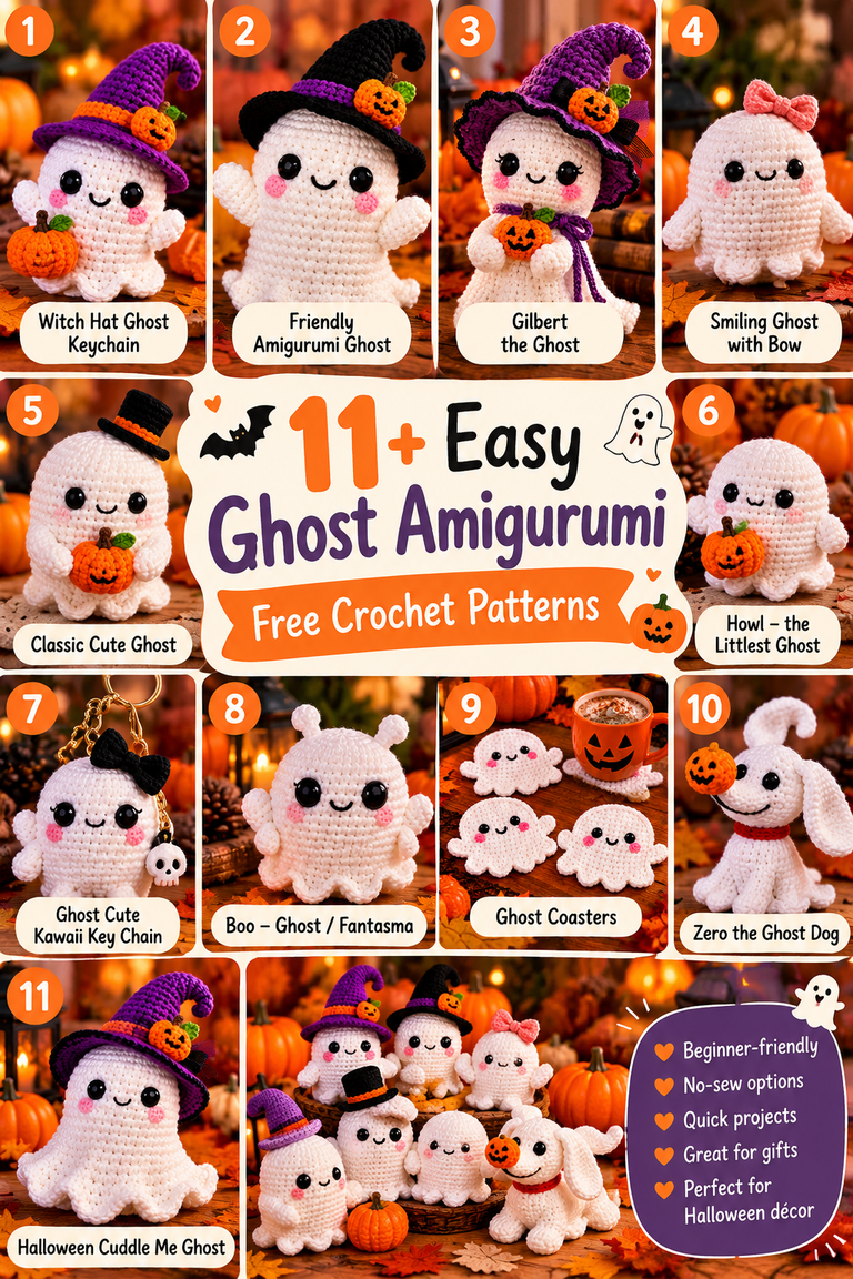 11 easy ghost amigurumi free crochet patterns for Halloween