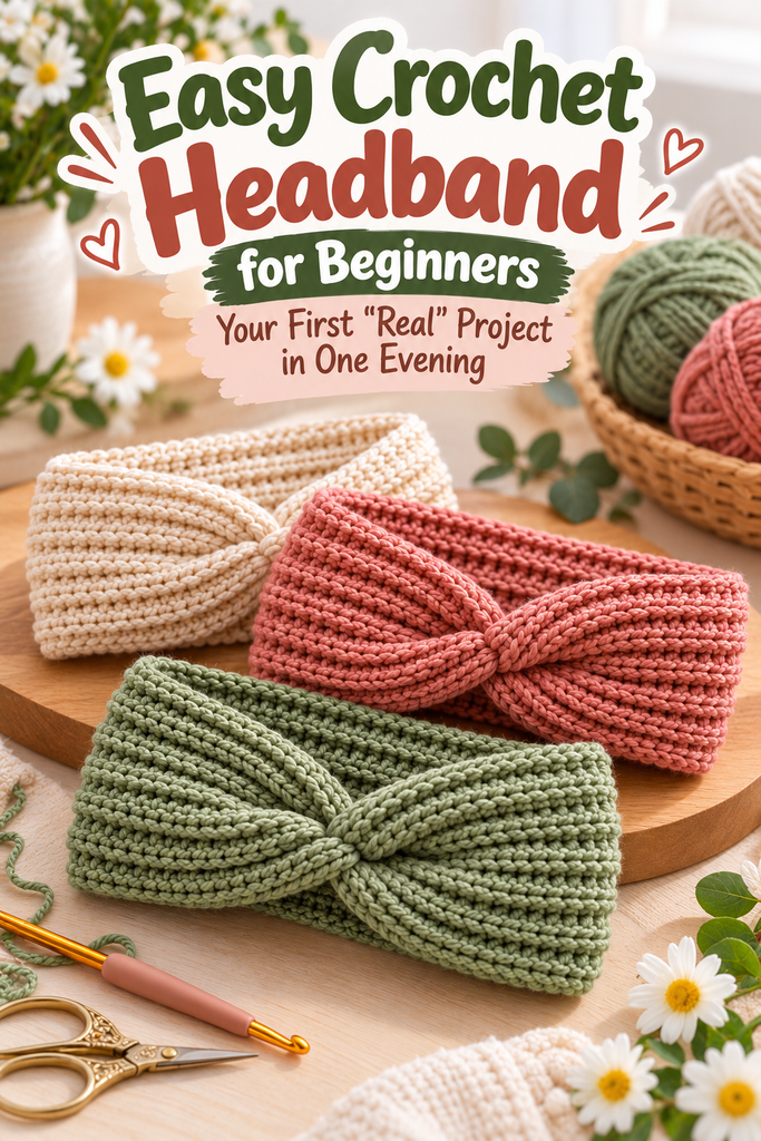 Easy crochet headband for beginners with ribbed texture and twisted front