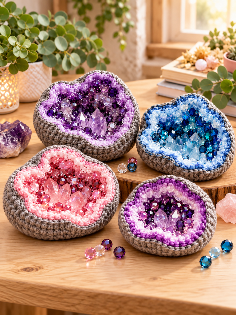 Flat-bottom crochet geode on a desk