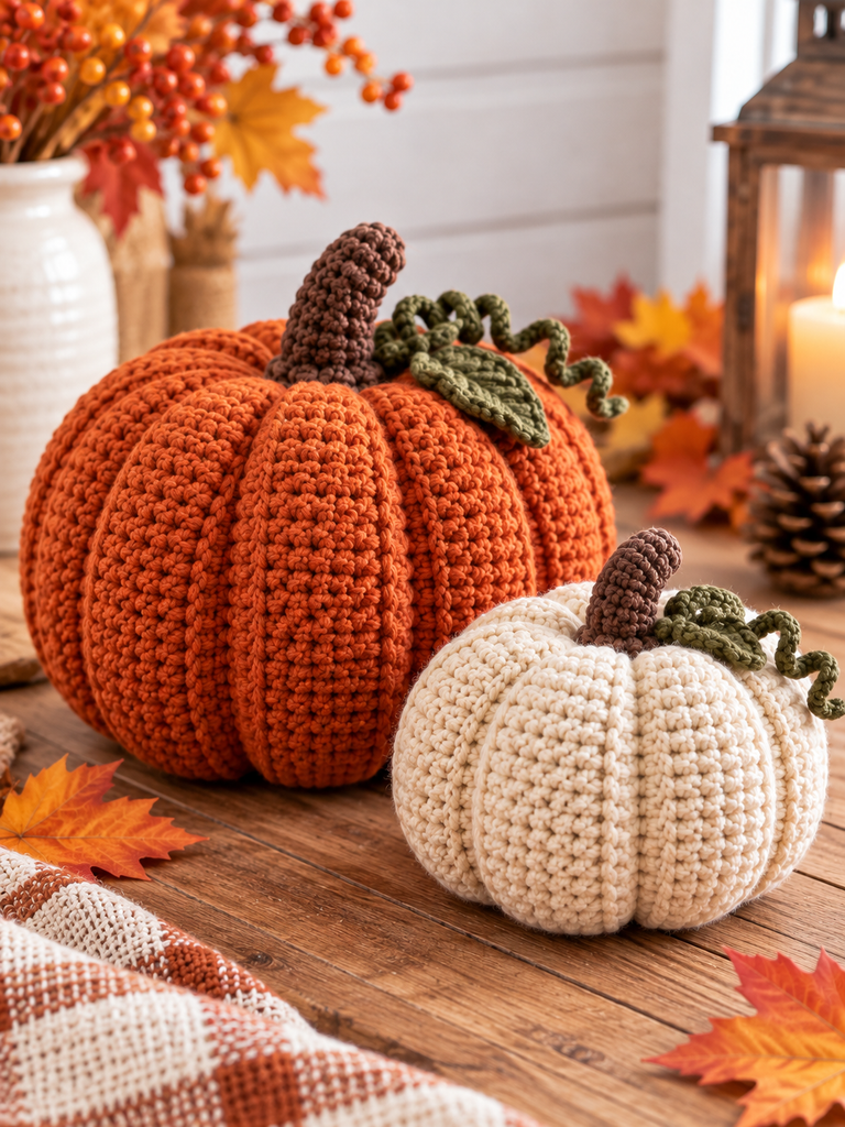 <!-- wp:heading {"level":3,"anchor":"19-pumpkins-from-the-patch"} -->
<h3 id="19-pumpkins-from-the-patch" class="wp-block-heading">19. Pumpkins from the Patch</h3>
<!-- /wp:heading -->

<!-- wp:paragraph -->
<p>Veronika Cromwell of Blue Star Crochet includes two pumpkin sizes plus a "recipe" so you can make a pumpkin of any size you want. The small one measures about 23.5 cm around and the large about 32 cm. She used cotton yarn, which gives very crisp ribs. There's also a full video covering sewing and stuffing.</p>
<!-- /wp:paragraph -->

<!-- wp:list -->
<ul class="wp-block-list"><!-- wp:list-item -->
<li><strong>Designer:</strong> Veronika Cromwell (Blue Star Crochet)</li>
<!-- /wp:list-item -->

<!-- wp:list-item -->
<li><strong>Level:</strong> Easy</li>
<!-- /wp:list-item -->

<!-- wp:list-item -->
<li><strong>Yarn & hook:</strong> Worsted cotton, 4 mm and 5 mm</li>
<!-- /wp:list-item -->

<!-- wp:list-item -->
<li><a href="https://www.ravelry.com/patterns/library/pumpkins-from-the-patch" target="_blank" rel="noopener">Find the free version</a></li>
<!-- /wp:list-item --></ul>
<!-- /wp:list -->