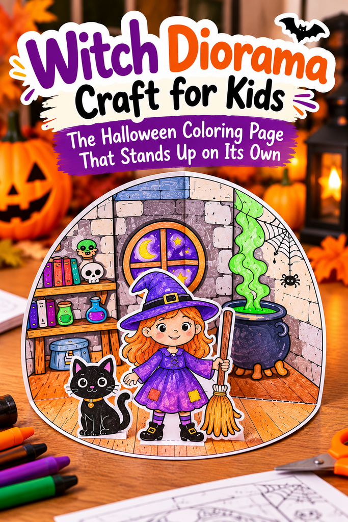 Witch diorama craft for kids with printable witch, cat and Halloween room