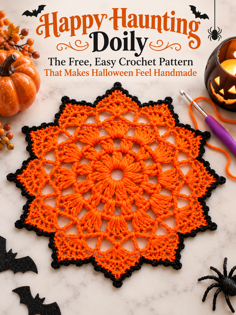 Orange and black Happy Haunting Doily crochet pattern for handmade Halloween decorations