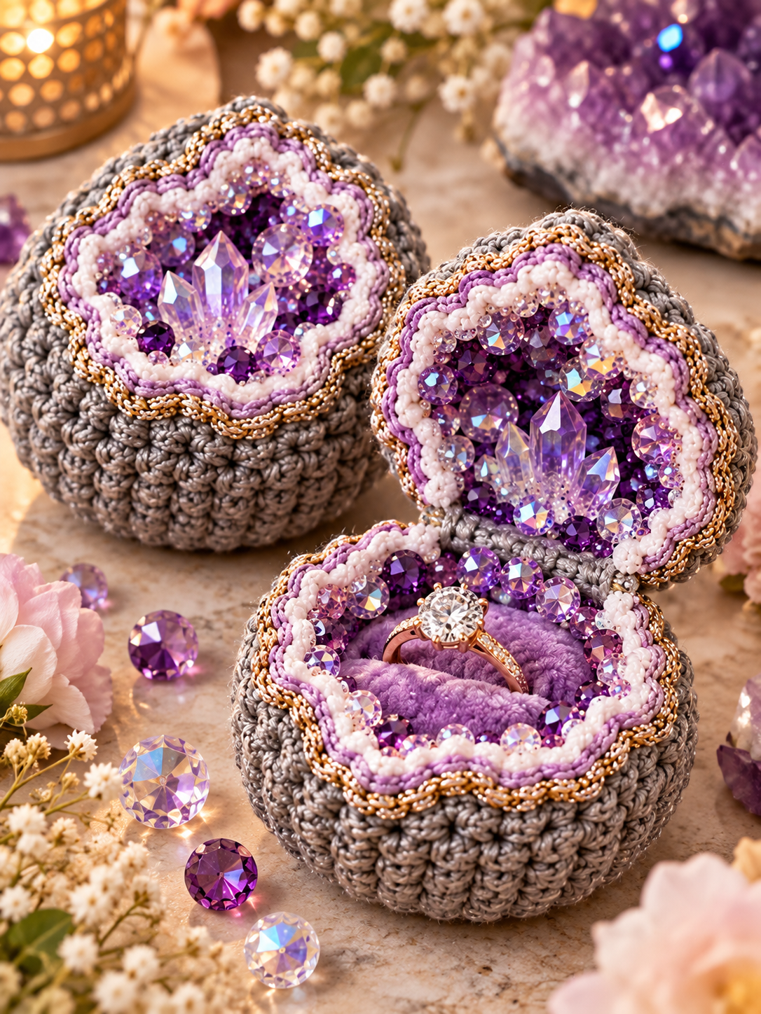 Three sizes of crochet geodes side by side