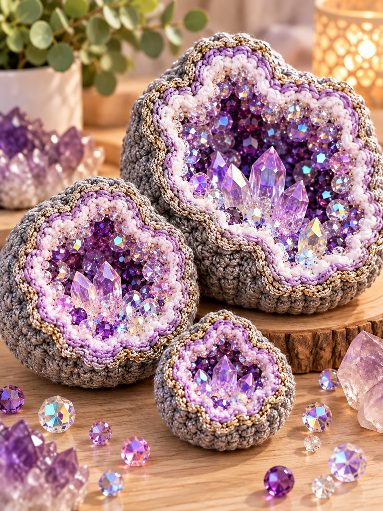 Three sizes of crochet geodes side by side
