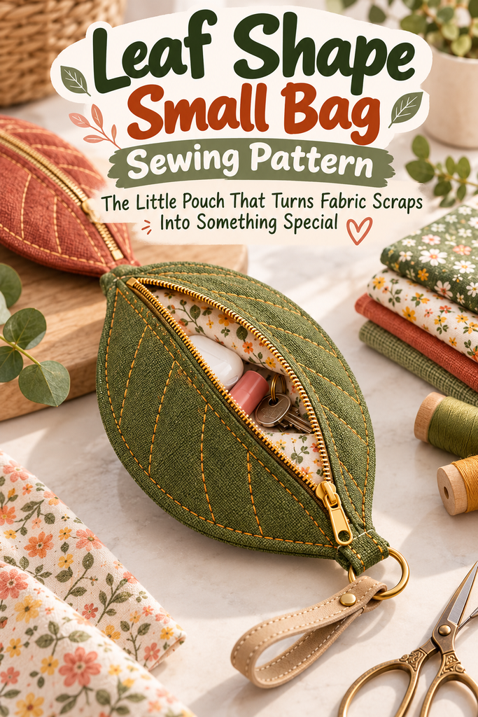 Handmade olive green leaf-shaped zipper pouch with golden stitched leaf veins, floral lining, and a small wrist strap, displayed with sewing fabric and tools.