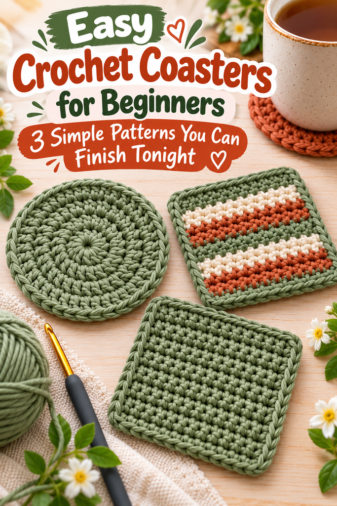 Easy crochet coasters for beginners with round square and striped patterns