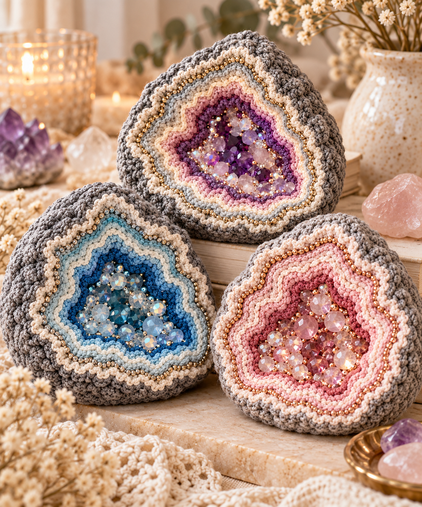 Collection of crochet geodes in amethyst, blue and pink