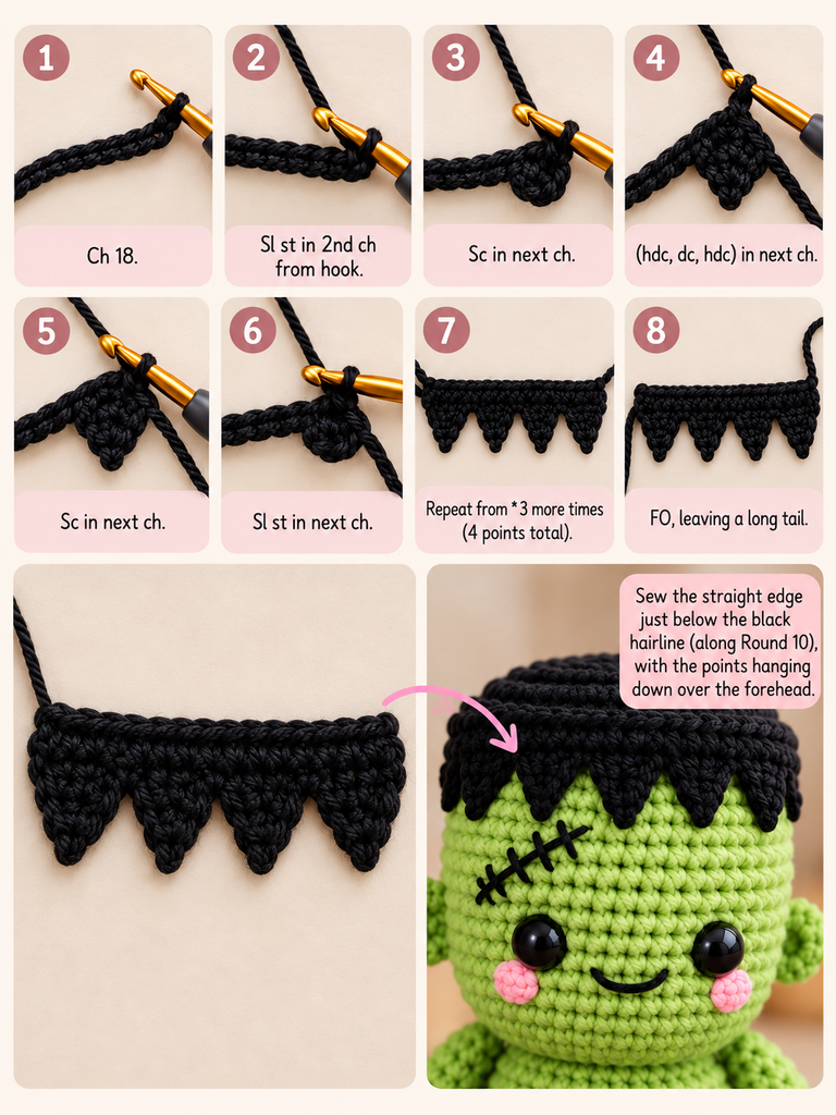Black crochet spiky fringe strip for Frankenstein hair
