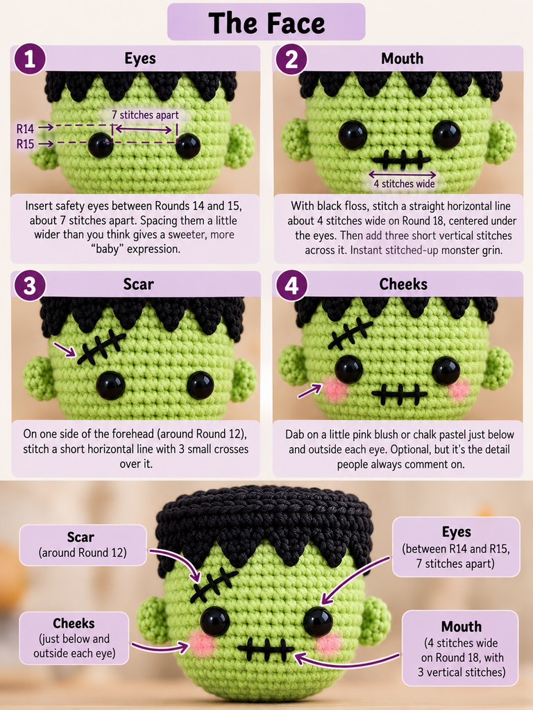 Close-up of crochet Frankenstein face with safety eyes, stitched mouth and scar

