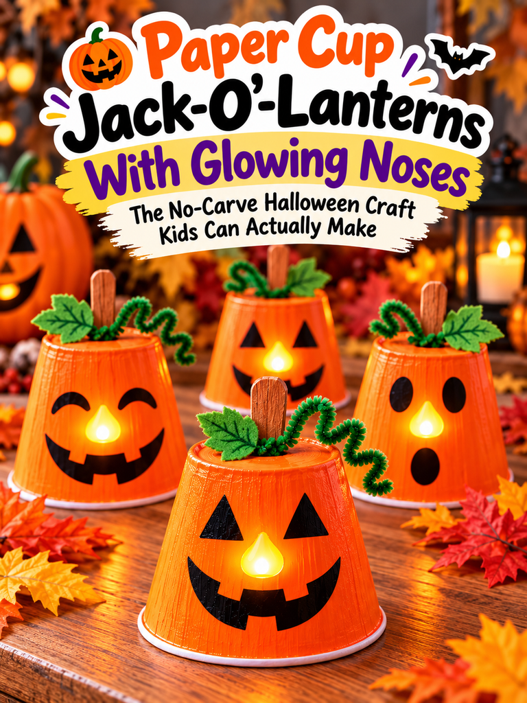 Paper cup jack-o'-lantern craft with glowing LED noses for kids