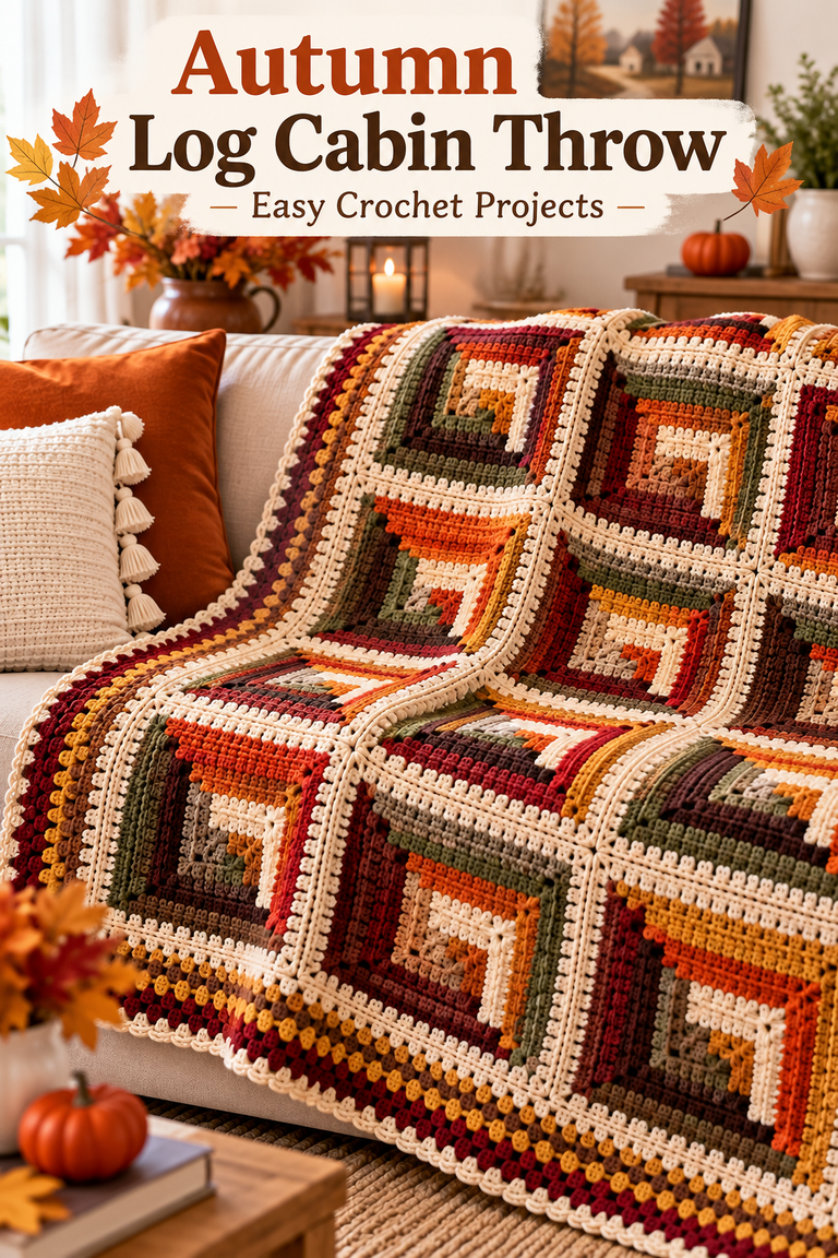 Crochet Blanket, Log Cabin Crochet, Fall Crochet, Easy Crochet Patterns, Free Crochet Pattern, Crochet Throw, Granny Square Blanket, Crochet Home Decor