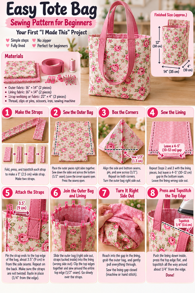 Easy tote bag sewing pattern for beginners with lining and boxed corners