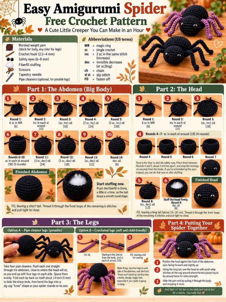 Cute black amigurumi spider with eight crocheted legs and shiny eyes, made using an easy free crochet pattern for beginners.