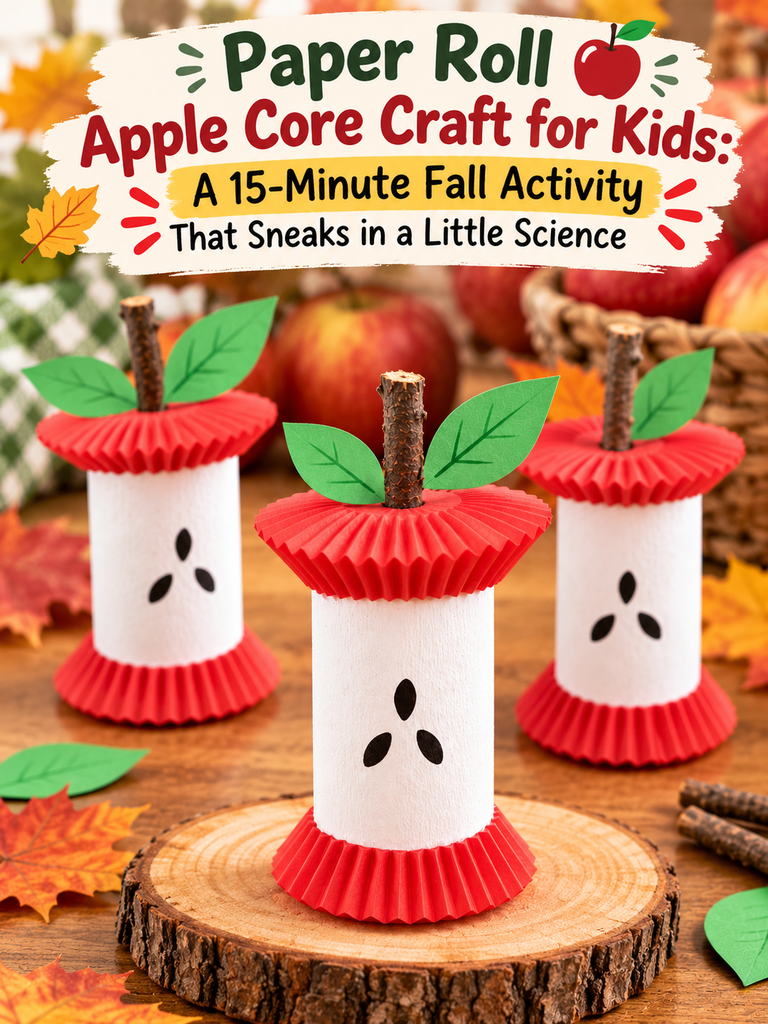 Three handmade apple core crafts made from white paper rolls, red cupcake liners, green paper leaves, and twig stems for a fall kids activity.