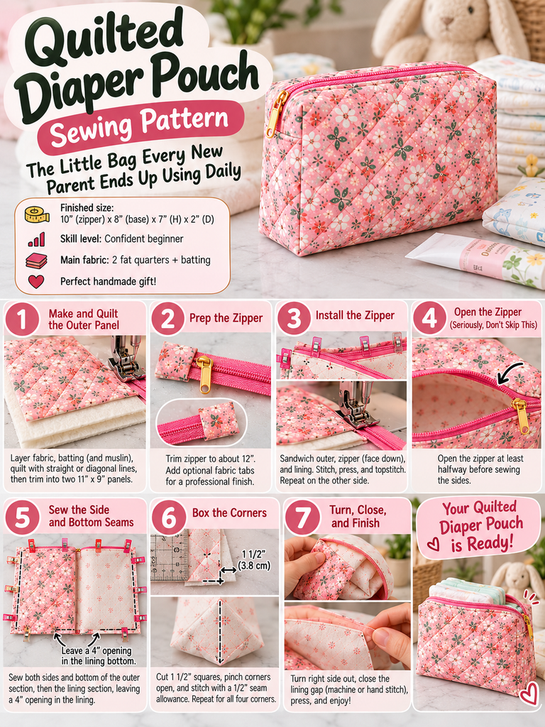 Handmade pink floral quilted diaper pouch with a gold zipper, padded fabric, and boxed corners, created using a step-by-step sewing pattern.