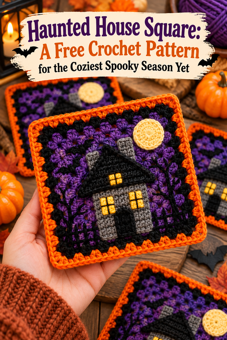 Handmade Halloween crochet granny square featuring a charcoal gray haunted house, black roof, yellow glowing windows, purple night sky, full moon, and orange border.