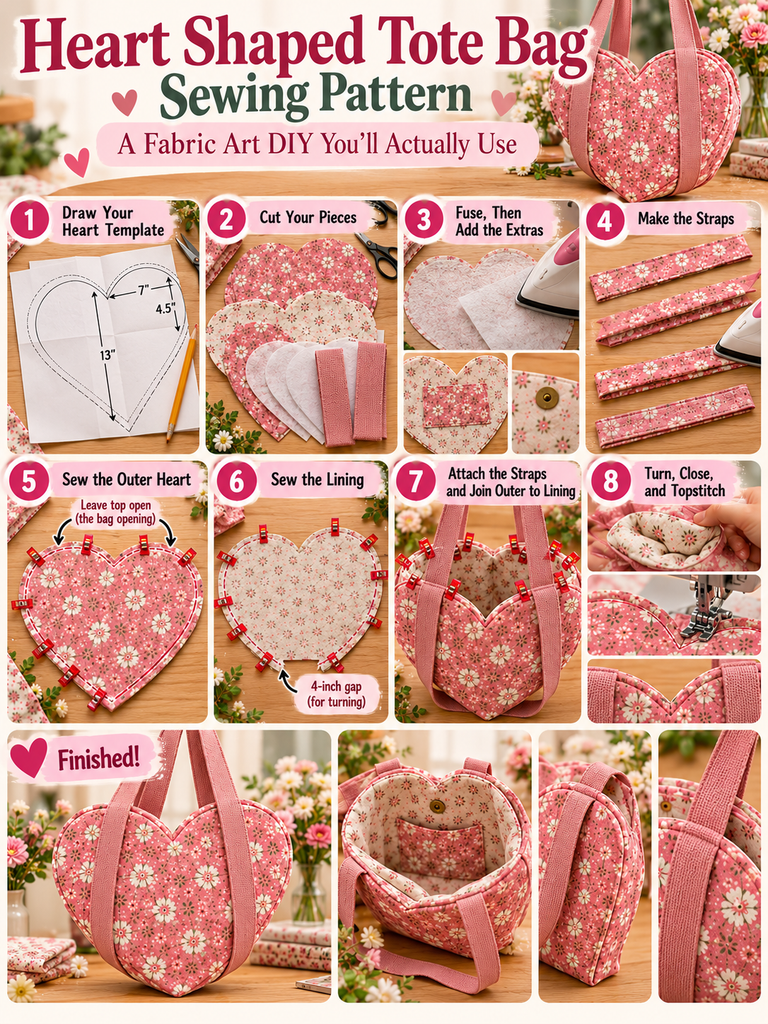 Handmade pink floral heart shaped tote bag with matching fabric straps, cream floral lining, and a step-by-step sewing pattern tutorial.