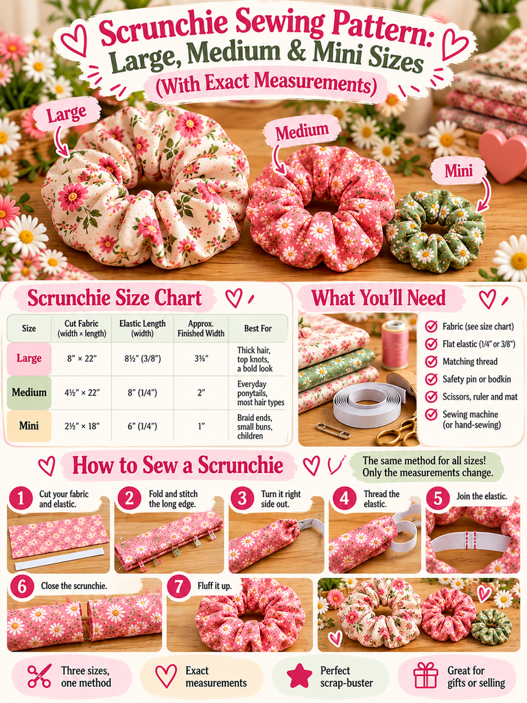 Scrunchie Sewing Pattern: Large, Medium & Mini Sizes (With Exact Measurements)