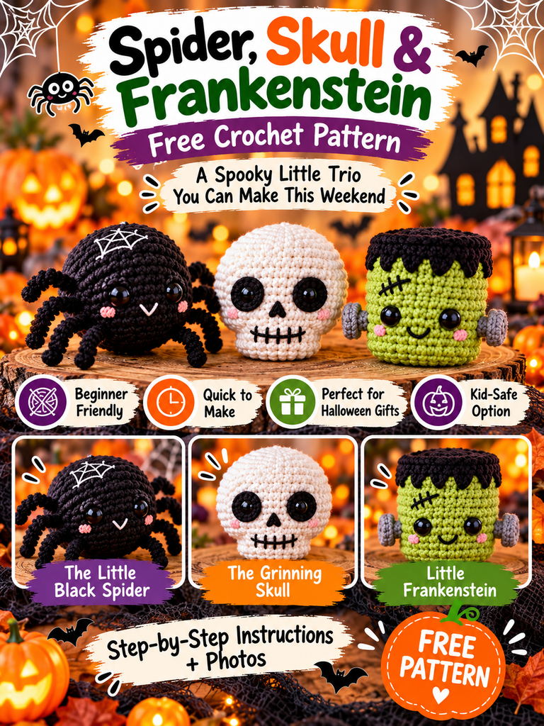 Spider, Skull and Frankenstein Free Crochet Pattern: A Spooky Little Trio You Can Make This Weekend