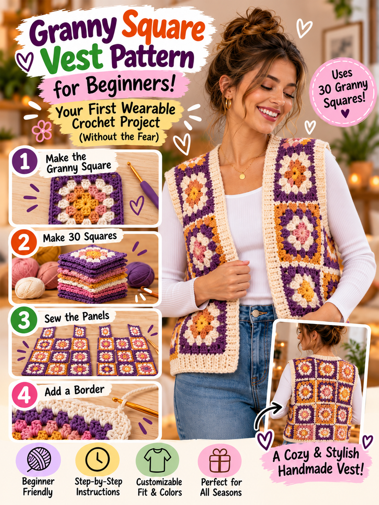 Model wearing a colorful handmade granny square crochet vest in purple, pink, orange, and cream, with step-by-step tutorial images showing the squares, panels, and border.
