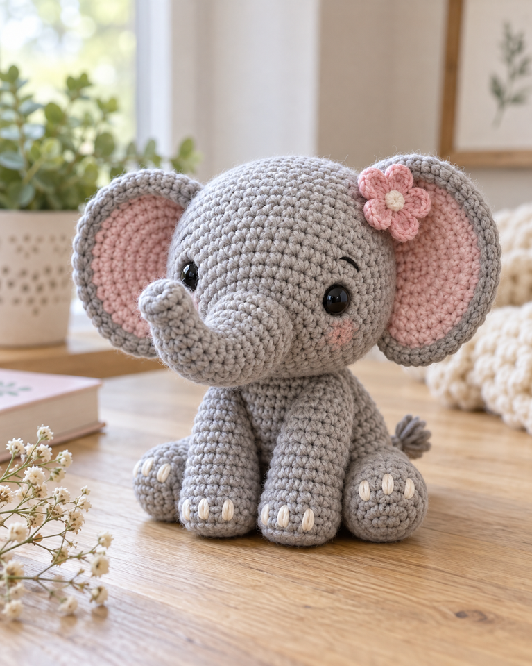 Easy grey crochet elephant amigurumi with pink ears and flower
