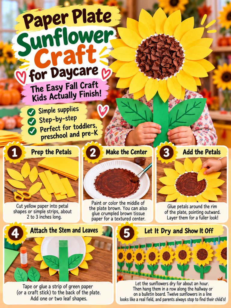 Paper plate sunflower craft for daycare featuring yellow paper petals, a textured brown center, green paper leaves and five step-by-step craft instructions.