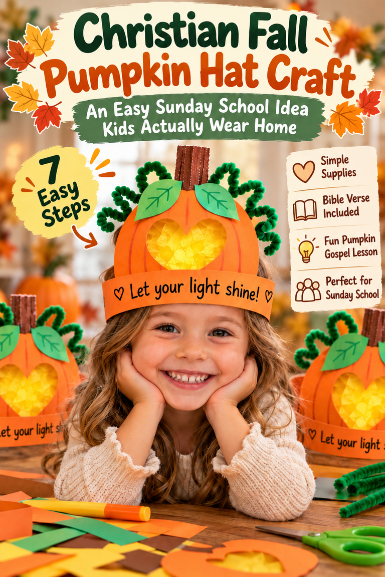 Christian fall pumpkin hat craft for children featuring an orange paper crown, glowing yellow heart, green leaves, curly vines and seven illustrated DIY steps.