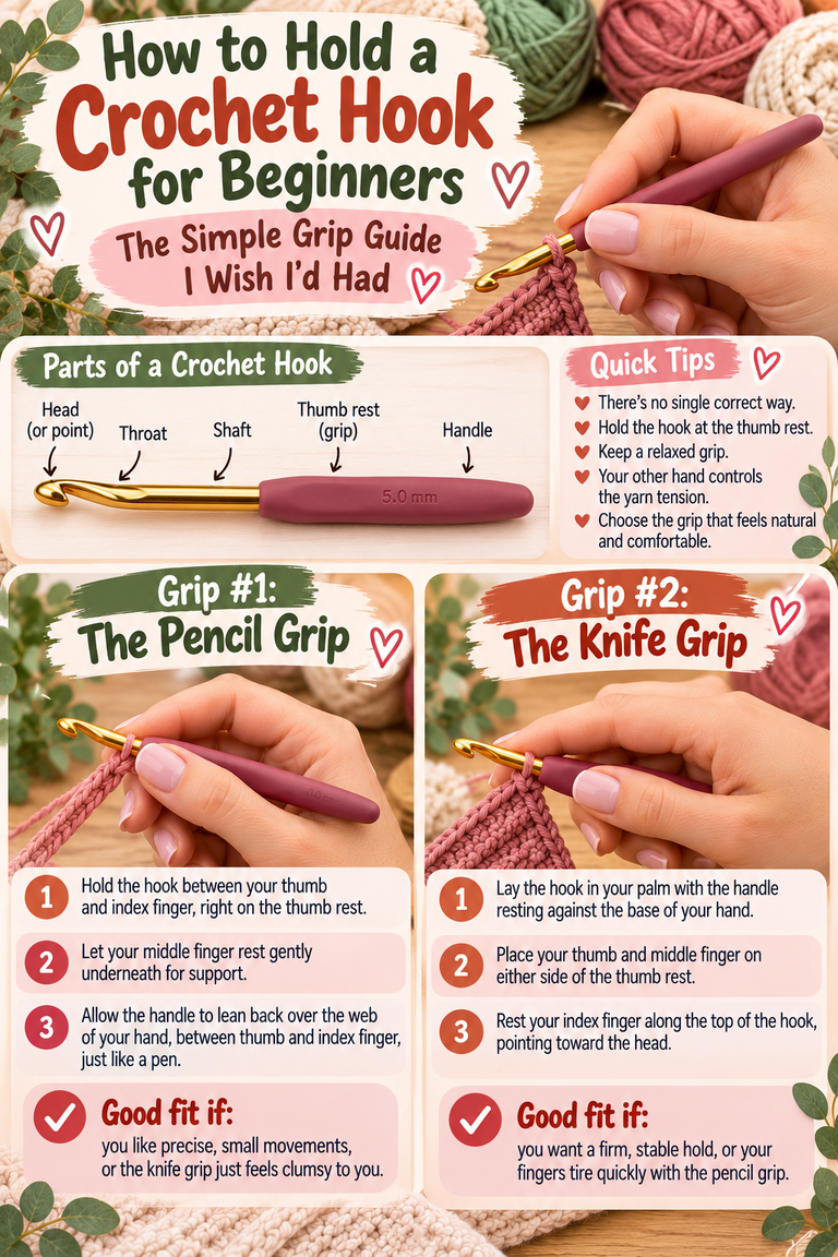 How to hold a crochet hook for beginners using pencil grip and knife grip