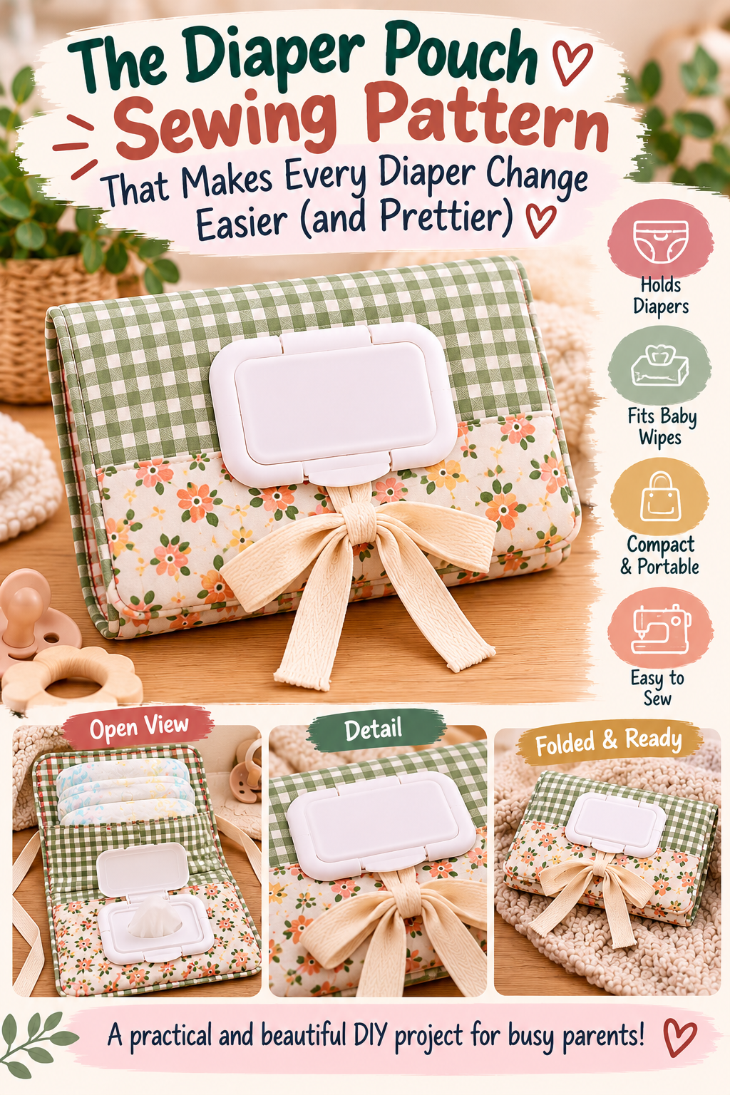 Diaper pouch sewing pattern with built-in wipes lid and tie closure