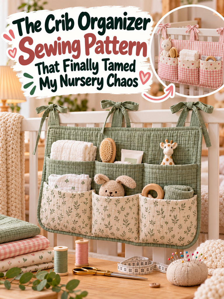 Crib organizer sewing pattern with layered pockets and fabric ties