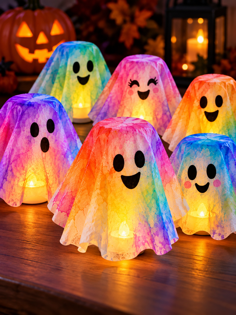 Colorful glowing coffee filter ghosts made with washable markers and battery-operated tea lights