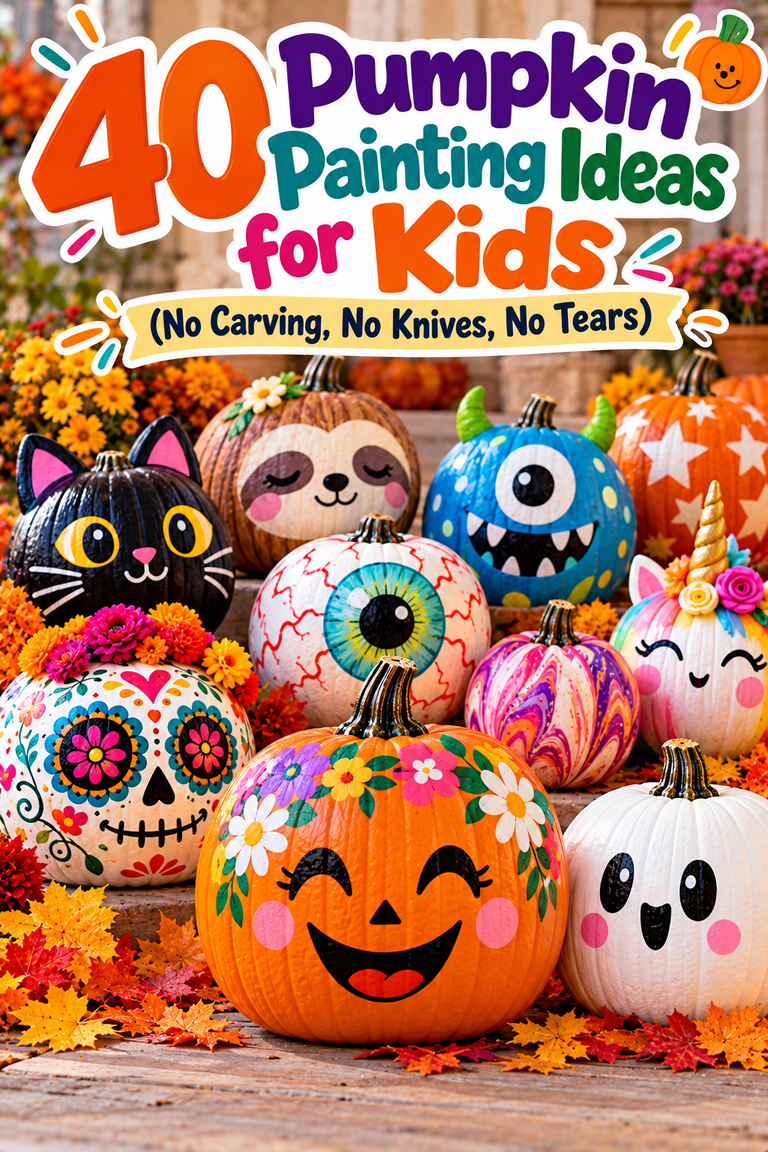 40 pumpkin painting ideas for kids including cute no-carve Halloween pumpkins, animals, ghosts and colorful designs